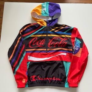 Champion x Coca Cola Windbreaker Jacket Mens Small Colorful Hooded Coke Popover
